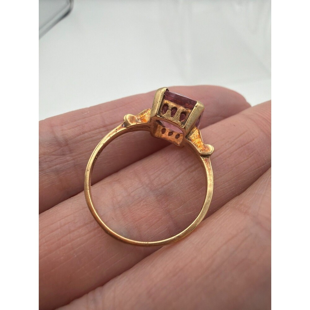 10K Yellow Gold Pink Gemstone Ring Size 7 Vintage Rectangular Stone - Picture 9 of 10
